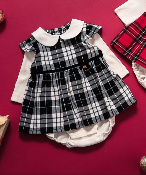 apres les cours（アプレレクール）の「【リンク】チェックジャンスカレイヤードカバーオール（ロンパース・キッズ・ブラック/レッド・70/80）」の2枚目の写真