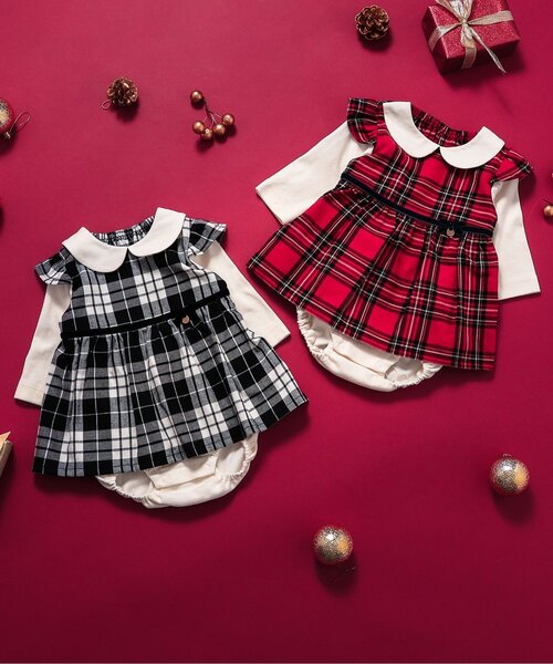 apres les cours（アプレレクール）の「【リンク】チェックジャンスカレイヤードカバーオール（ロンパース・キッズ・ブラック/レッド・70/80）」の3枚目の写真