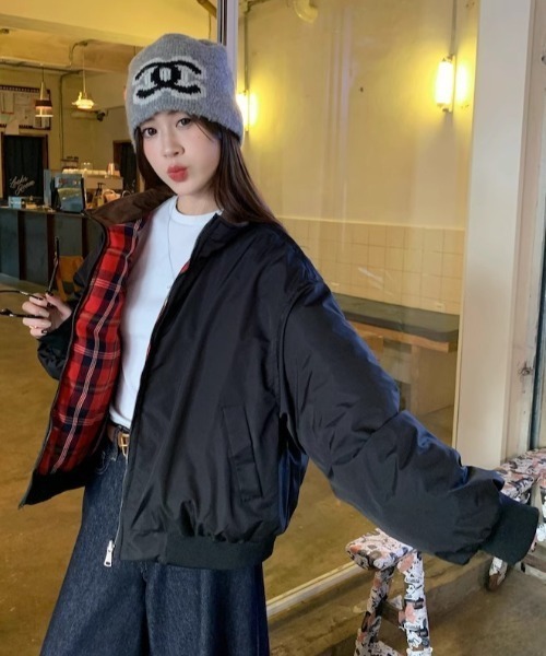 リバーシブルブルゾン/無地＆チェック柄