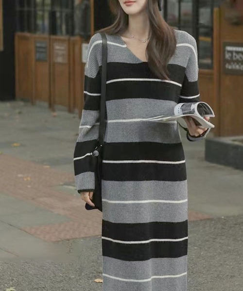セール】ボーダー柄ニットワンピース（ワンピース）｜Kuroba（クロバ
