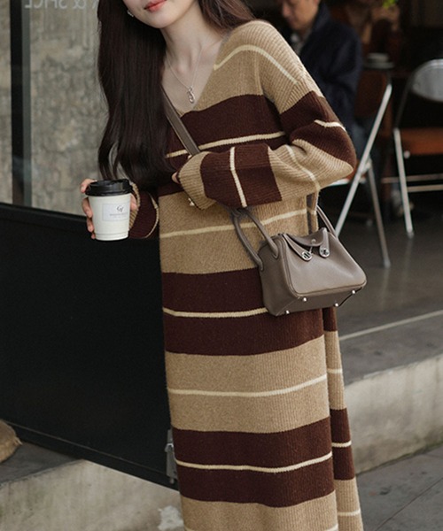 セール】ボーダー柄ニットワンピース（ワンピース）｜Kuroba