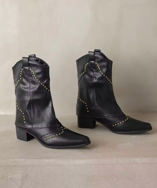 Port（ポート）の「【 Port / ポート 】 ポインテッドトゥ スタッズ ウエスタン カバー ミドルブーツ #_（ブーツ・レディース・ブラック/ライトブラウン/ダークブラウン・M/L）」の7枚目の写真