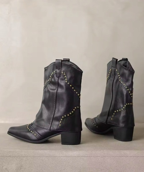 Port（ポート）の「【 Port / ポート 】 ポインテッドトゥ スタッズ ウエスタン カバー ミドルブーツ #_（ブーツ・レディース・ブラック/ライトブラウン/ダークブラウン・M/L）」の8枚目の写真