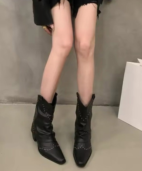 スタッカート エルバルミドルブーツ ほぼ未使用 牛革 黒 23.5 ビジュー STACCATO(スタッカート)｜STJ10th limited boots/ブラック の