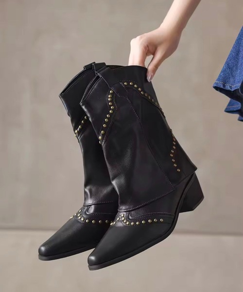 Port（ポート）の「【 Port / ポート 】 ポインテッドトゥ スタッズ ウエスタン カバー ミドルブーツ #_（ブーツ・レディース・ブラック/ライトブラウン/ダークブラウン・M/L）」の6枚目の写真