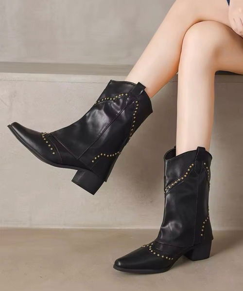 Port（ポート）の「【 Port / ポート 】 ポインテッドトゥ スタッズ ウエスタン カバー ミドルブーツ #_（ブーツ・レディース・ブラック/ライトブラウン/ダークブラウン・M/L）」の5枚目の写真