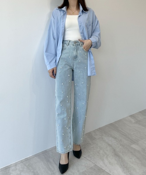 Futier land(フューティアランド)の「パール付デニム(デニムパンツ・レディース・ライトブルー/ブラック・MEDIUM/LARGE/SMALL)」の12枚目の写真