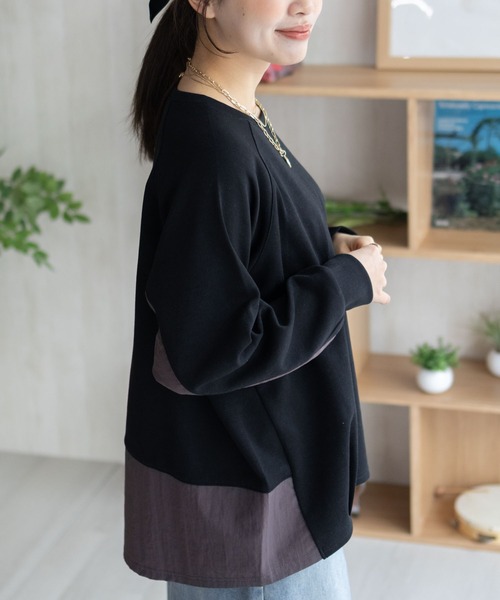 NAVY(ネイビー)の「NAVY 異素材切替プルオーバー(Tシャツ/カットソー・レディース・ブラック/ベージュ/杢グレー・M/L)」の5枚目の写真