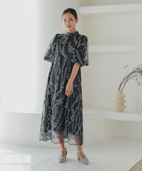 本日価格！ボリュームスリーブAライン パーティードレス オケージョンドレス セール】ボリュームスリーブAライン パーティードレス オケージョン