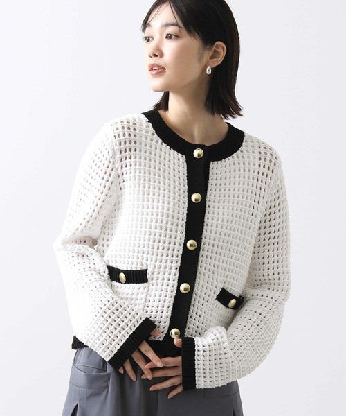 Torrazzo Donna（トラッゾドンナ）の「メッシュバイカラーカーディガン（カーディガン/ボレロ・レディース・アイボリー/ホワイト×ブラック・FREE）」の2枚目の写真