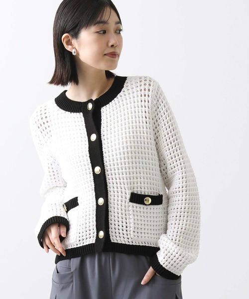 Torrazzo Donna（トラッゾドンナ）の「メッシュバイカラーカーディガン（カーディガン/ボレロ・レディース・アイボリー/ホワイト×ブラック・FREE）」の13枚目の写真