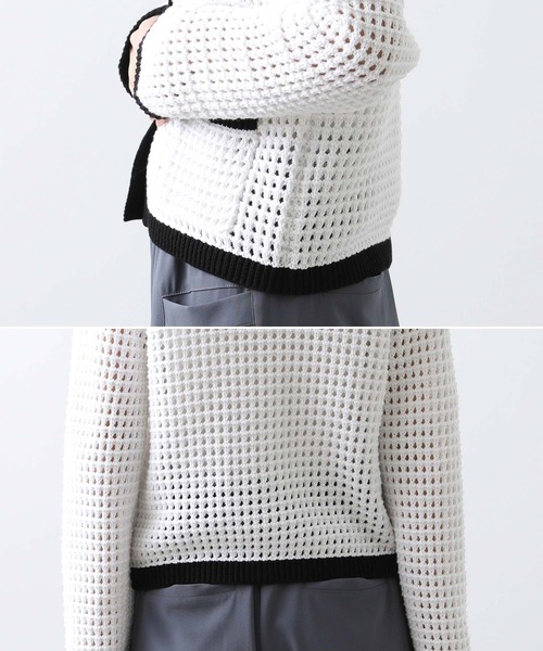 Torrazzo Donna（トラッゾドンナ）の「メッシュバイカラーカーディガン（カーディガン/ボレロ・レディース・アイボリー/ホワイト×ブラック・FREE）」の6枚目の写真
