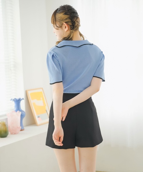 Newlyme（ニューリーミー）の「バイカラーパフスリーブ半袖ニット（Tシャツ/カットソー・レディース・ブラック/ホワイト・FREE）」の21枚目の写真