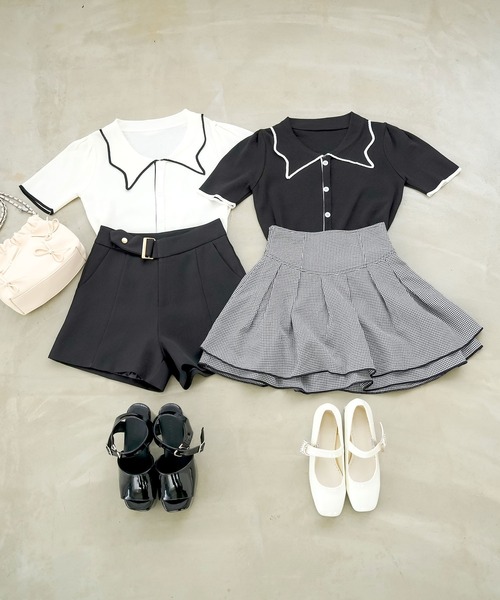 Newlyme（ニューリーミー）の「バイカラーパフスリーブ半袖ニット（Tシャツ/カットソー・レディース・ブラック/ホワイト・FREE）」の8枚目の写真