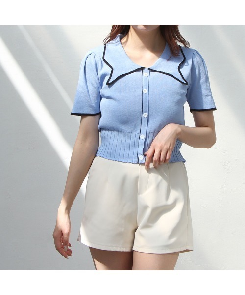 Newlyme（ニューリーミー）の「バイカラーパフスリーブ半袖ニット（Tシャツ/カットソー・レディース・ブラック/ホワイト・FREE）」の16枚目の写真