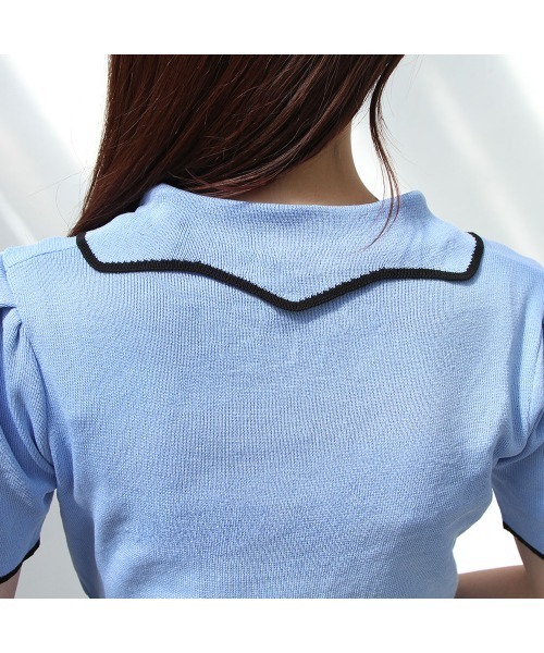 Newlyme（ニューリーミー）の「バイカラーパフスリーブ半袖ニット（Tシャツ/カットソー・レディース・ブラック/ホワイト・FREE）」の6枚目の写真