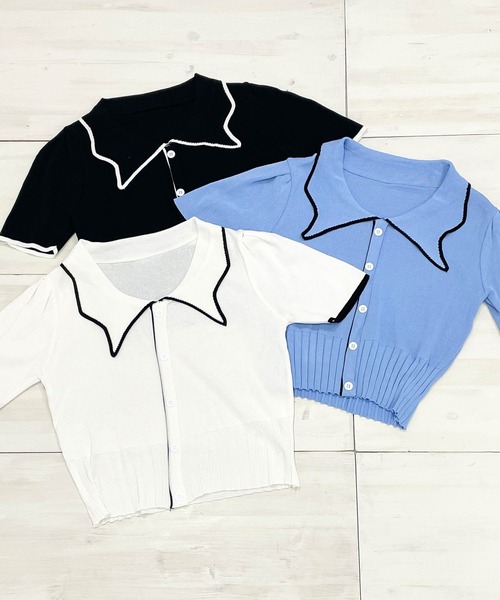 Newlyme（ニューリーミー）の「バイカラーパフスリーブ半袖ニット（Tシャツ/カットソー・レディース・ブラック/ホワイト・FREE）」の9枚目の写真