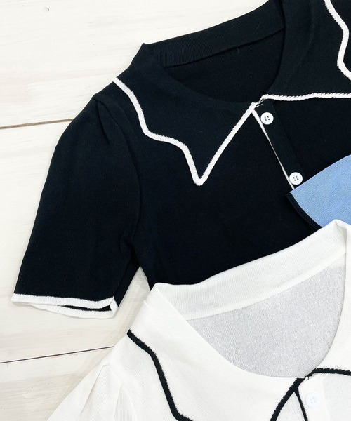 Newlyme（ニューリーミー）の「バイカラーパフスリーブ半袖ニット（Tシャツ/カットソー・レディース・ブラック/ホワイト・FREE）」の10枚目の写真
