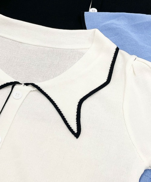 Newlyme（ニューリーミー）の「バイカラーパフスリーブ半袖ニット（Tシャツ/カットソー・レディース・ブラック/ホワイト・FREE）」の11枚目の写真