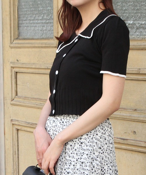 Newlyme（ニューリーミー）の「バイカラーパフスリーブ半袖ニット（Tシャツ/カットソー・レディース・ブラック/ホワイト・FREE）」の14枚目の写真