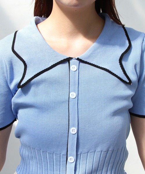 Newlyme（ニューリーミー）の「バイカラーパフスリーブ半袖ニット（Tシャツ/カットソー・レディース・ブラック/ホワイト・FREE）」の3枚目の写真