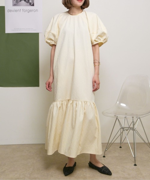 palm RICHE(ポームリシュ)の「ふくれジャガードマーメードシルエットボリューム袖ワンピース(ワンピース・レディース・イエロー/アイボリー/ブラック・M)」の5枚目の写真