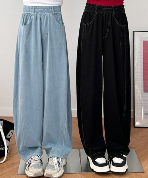 gossip！ロサンゼルス（ゴシップロサンゼルス）の「ハイウエストワイドストレートパンツ カジュアル＆シンプル（スラックス・レディース・ブラック/ブルー・FREE）」の9枚目の写真
