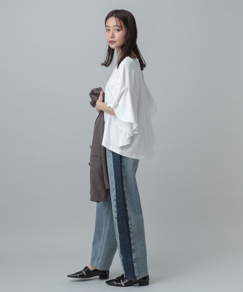 GLOBAL WORK(グローバルワーク)の「ビッグフリルチュニック半袖/MATINEE LINE/327910(Tシャツ/カットソー・レディース・アイボリー/ブラック/チャコール・REGULAR/LONG)」の6枚目の写真