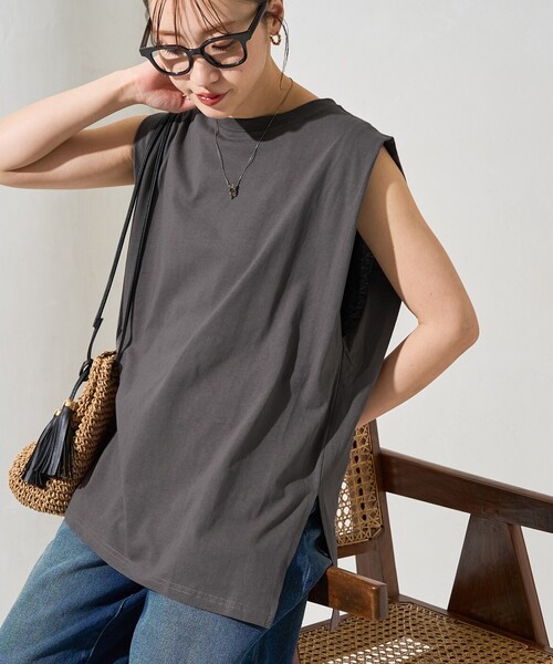 FREAK'S STORE（フリークスストア）の「限定展開　袖 インタック ノースリーブ Tシャツ（Tシャツ/カットソー・レディース・オフホワイト/ブルー/ブラック/オリーブ/レンガ/グレー・ﾌﾘ-）」の7枚目の写真