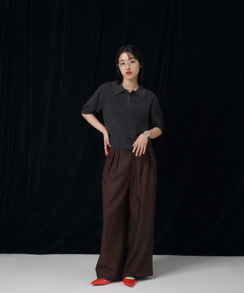 MUHET（ミュエータ）の「glitter polo knit / グリッターポロニット（ポロシャツ・レディース・チャコールグレー/ベージュ/ネイビー/ライトグレー/ブラウン・FREE）」の18枚目の写真