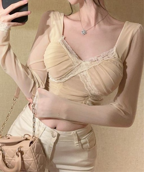 Jasmine Grandiflorum（ジャスミングランディフローラム）の「【Jasmine】クロスデザインレースメッシュトップス (SS)（その他トップス・レディース・マルチ/ベージュ/ブラック・FREE）」の12枚目の写真
