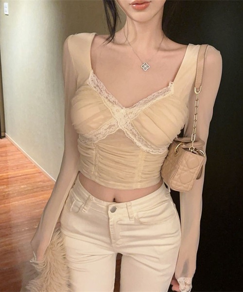 Jasmine Grandiflorum（ジャスミングランディフローラム）の「【Jasmine】クロスデザインレースメッシュトップス (SS)（その他トップス・レディース・マルチ/ベージュ/ブラック・FREE）」の16枚目の写真