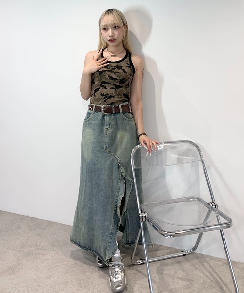 セール】ウォッシュ加工 スリットフリルデニムマーメイド