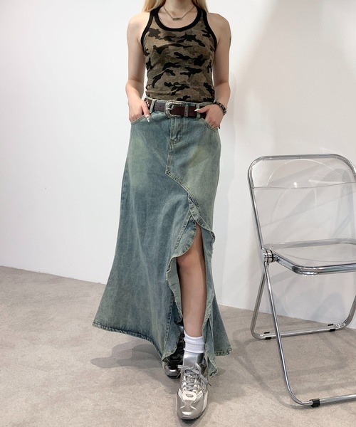 セール】ウォッシュ加工 スリットフリルデニムマーメイド