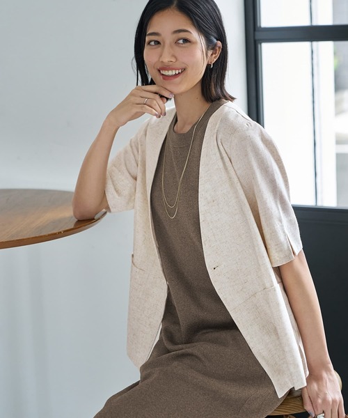 STYLE DELI（スタイルデリ）の「綿麻ノーカラー5分袖ジャケット（ノー