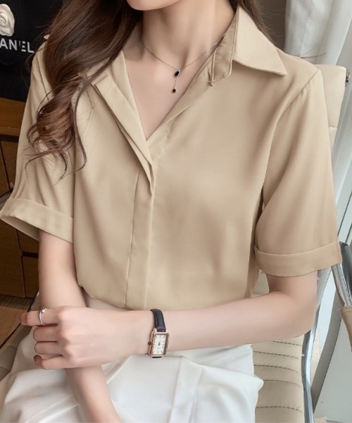 Beststore(ベストストア)の「トップス 襟付きシャツ ブラウス 春夏半袖(シャツ/ブラウス・レディース・ホワイト/ベージュ/ブラック/ブルー・M/L)」の3枚目の写真