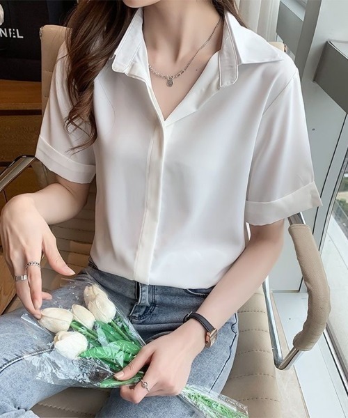 Beststore(ベストストア)の「トップス 襟付きシャツ ブラウス 春夏半袖(シャツ/ブラウス・レディース・ホワイト/ベージュ/ブラック/ブルー・M/L)」の18枚目の写真