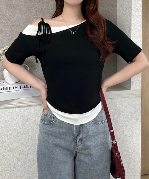 junoah(ジュノア)の「リボンワンショルレイヤードTシャツ(Tシャツ/カットソー・レディース・チャコール/ライトグレー/ブラック・SMALL/MEDIUM/LARGE)」の4枚目の写真