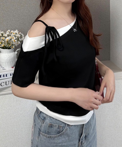 junoah(ジュノア)の「リボンワンショルレイヤードTシャツ(Tシャツ/カットソー・レディース・チャコール/ライトグレー/ブラック・SMALL/MEDIUM/LARGE)」の5枚目の写真