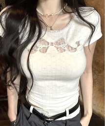 ViViDAY | フロントレースリボン柄ショート丈tシャツ(Tシャツ/カットソー)