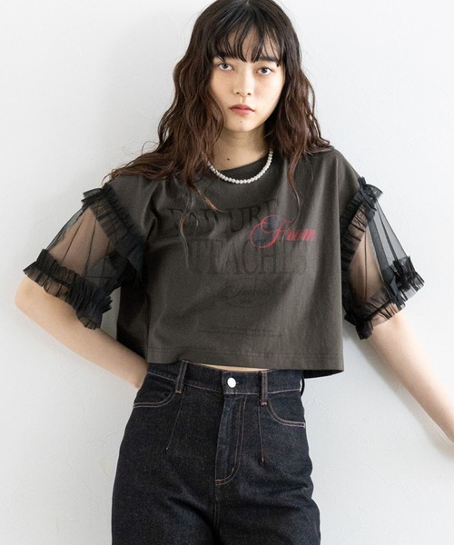 RAGEBLUE(レイジブルー)の「選べるショート&ロング丈/チュールスリーブロゴTシャツ(Tシャツ/カットソー・レディース・グレー/ダークグレー・MEDIUM/SMALL)」の1枚目の写真
