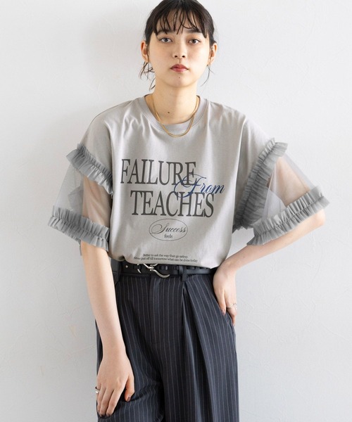 RAGEBLUE(レイジブルー)の「選べるショート&ロング丈/チュールスリーブロゴTシャツ(Tシャツ/カットソー・レディース・グレー/ダークグレー・MEDIUM/SMALL)」の4枚目の写真