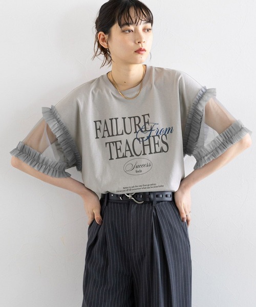 RAGEBLUE(レイジブルー)の「選べるショート&ロング丈/チュールスリーブロゴTシャツ(Tシャツ/カットソー・レディース・グレー/ダークグレー・MEDIUM/SMALL)」の6枚目の写真