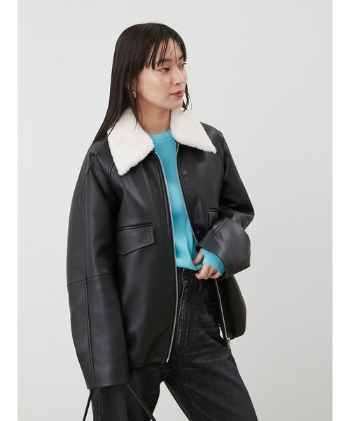 新品タグ付 Mila Owen 金釦 フェイクレザージャケット ブラック 1 ステンカラーフェイクレザーブルゾン（ブルゾン）｜Mila Owen