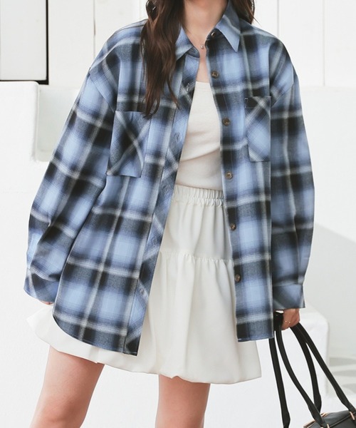 Honeys（ハニーズ）の「チェックゆるシャツ（シャツ/ブラウス・レディース・ブラック×グレー/ホワイト×グレー/ブルー系その他3/ブラック×グリーン・S/M/LL/L）」の4枚目の写真