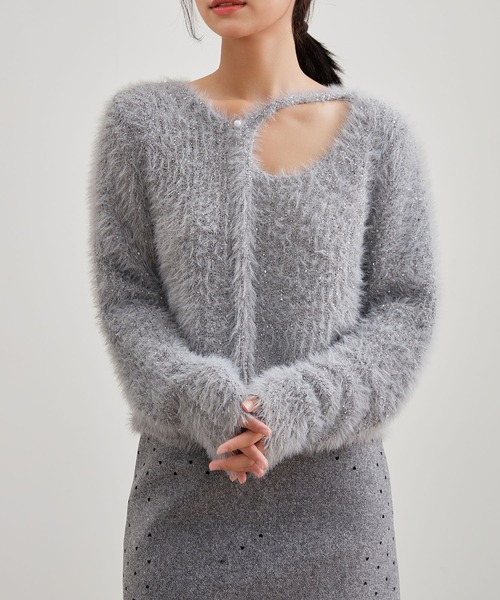 Lace Ladies(レースレディース)の「シャギー スパンコール オープンカット ニット プルオーバー(ニット/セーター・レディース・グレー/アイボリー/ブラック/ホワイト・FREE)」の4枚目の写真