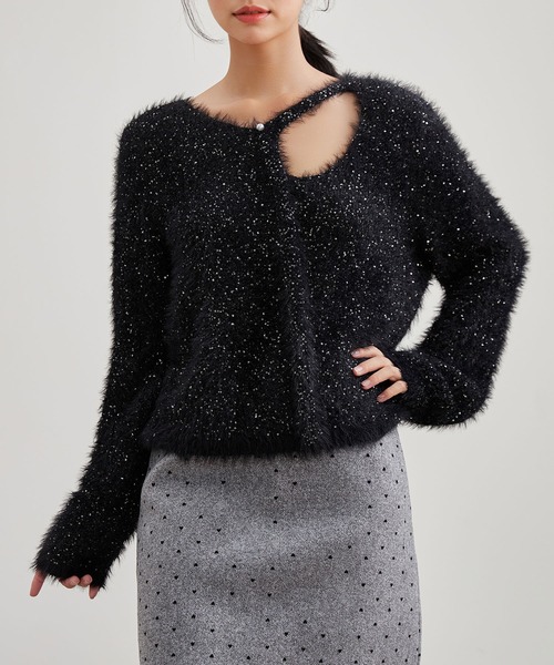 Lace Ladies(レースレディース)の「シャギー スパンコール オープンカット ニット プルオーバー(ニット/セーター・レディース・グレー/アイボリー/ブラック/ホワイト・FREE)」の3枚目の写真
