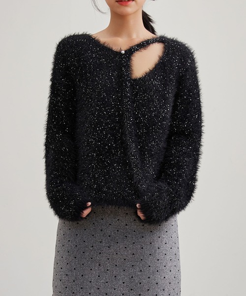 Lace Ladies(レースレディース)の「シャギー スパンコール オープンカット ニット プルオーバー(ニット/セーター・レディース・グレー/アイボリー/ブラック/ホワイト・FREE)」の6枚目の写真
