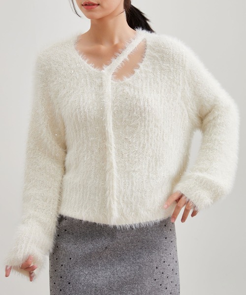 Lace Ladies(レースレディース)の「シャギー スパンコール オープンカット ニット プルオーバー(ニット/セーター・レディース・グレー/アイボリー/ブラック/ホワイト・FREE)」の21枚目の写真
