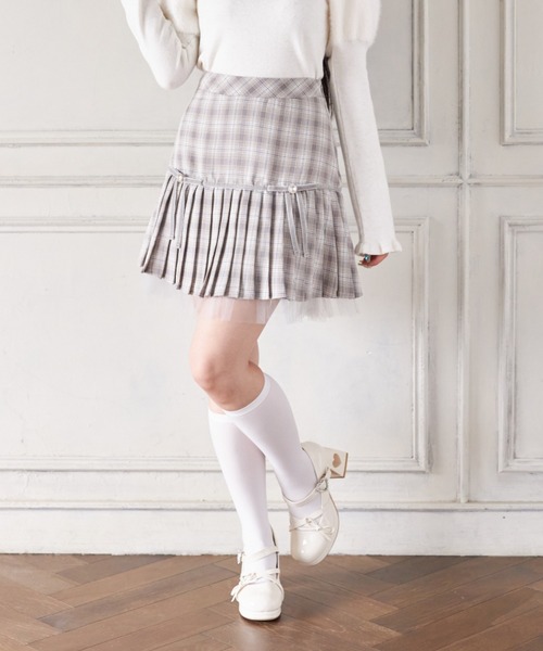 Suyunn(スユン)の「裾チュール付きリボン切り替えチェックプリーツスカート(スカート・レディース・グレー/ピンク・M)」の2枚目の写真